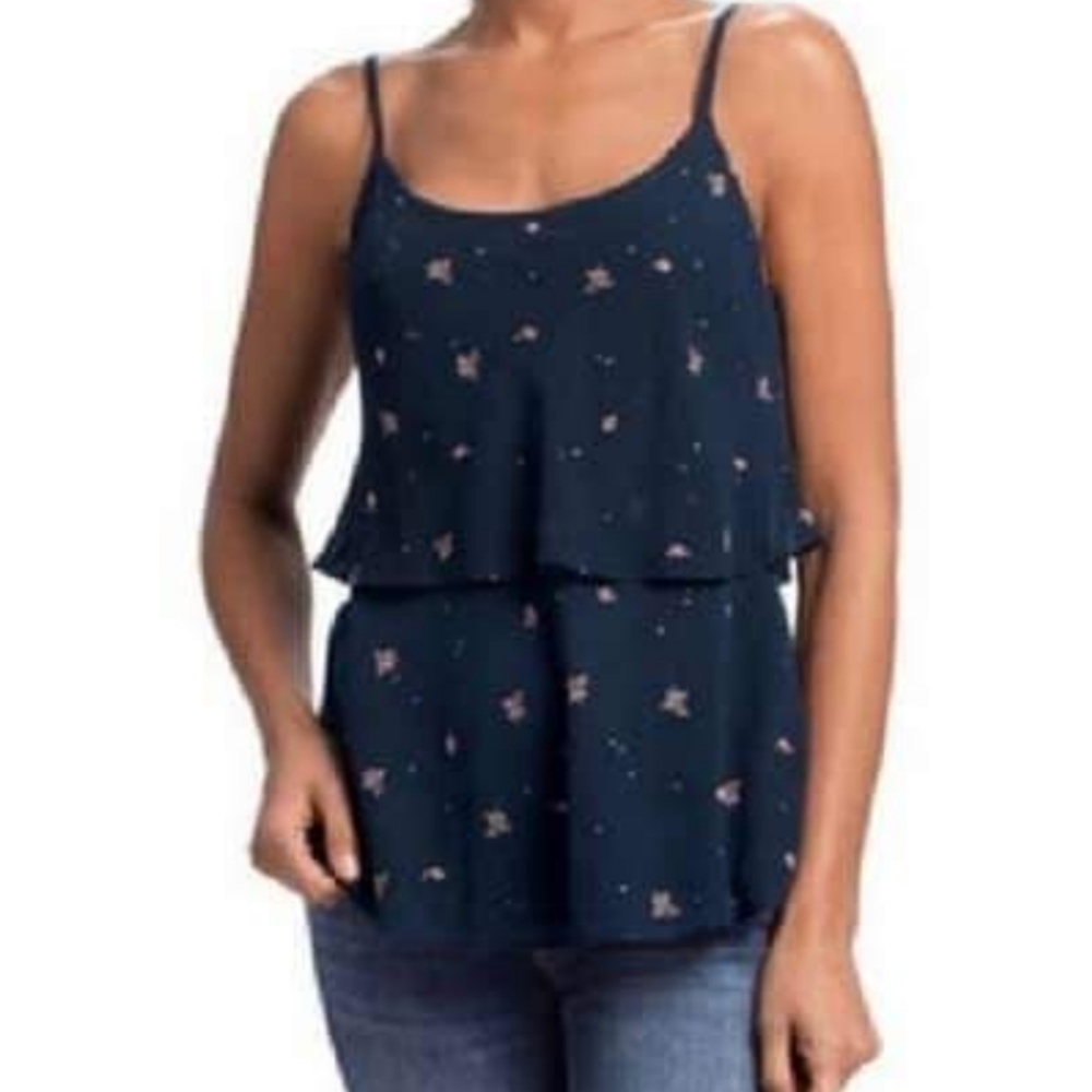 CAbi Sleeveless Navy Blue Floral Blouse